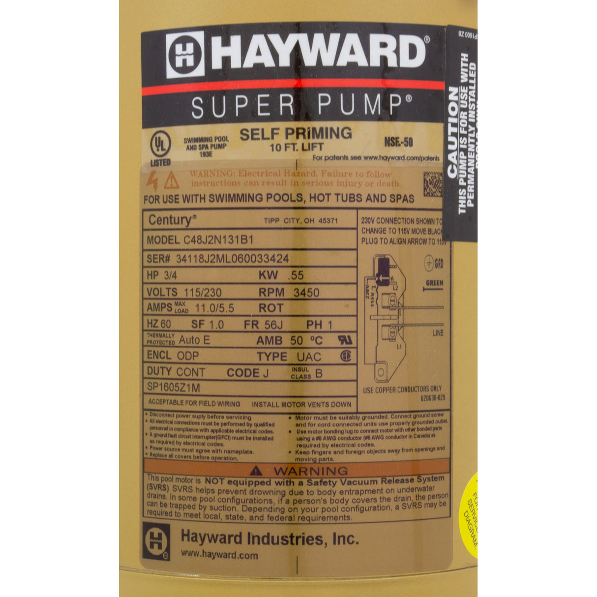 3/4 Hp Super Pump : SP2605X7 - Hayward - 0610377052641 - PartsForSpas.com