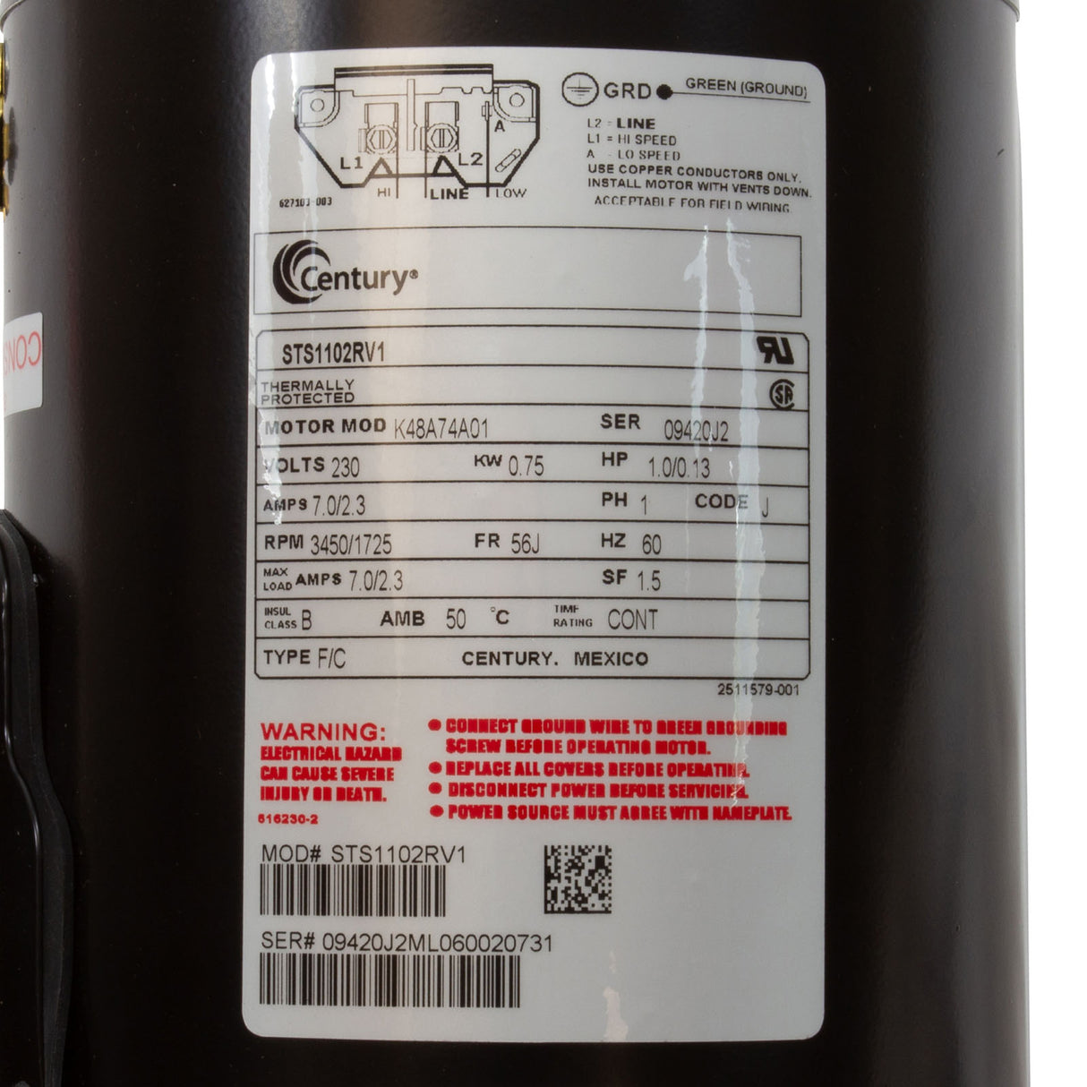Mtr, Cent, 1/.13Hp, 230V, 2-Sp, Sf1.5, 56Jfr : STS1102RV1