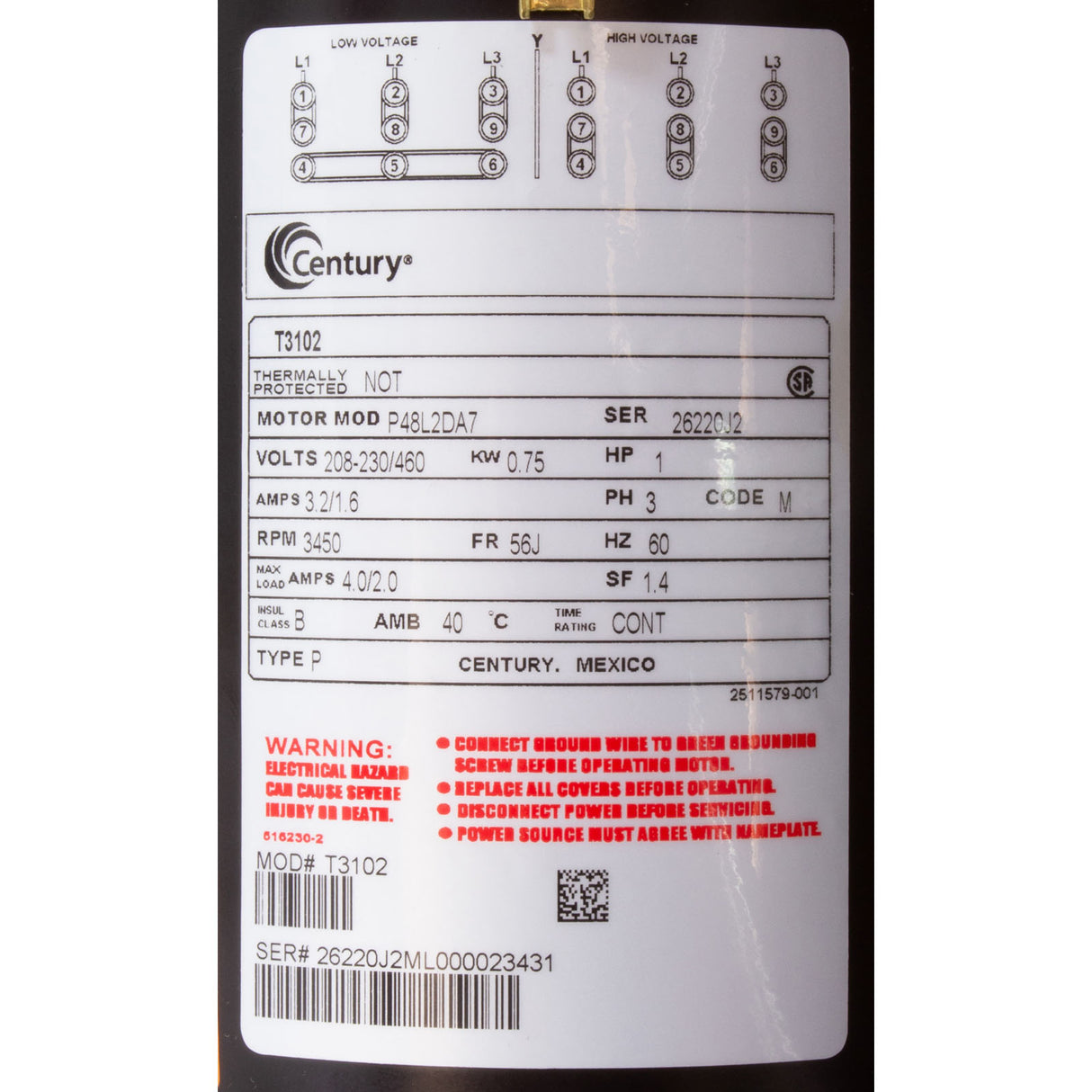 Mtr, Cent, 1Hp, 208-230/460V, 3Ph, 1-Sp, Sf1.4, 56Jfr 3450Rpm : T3102