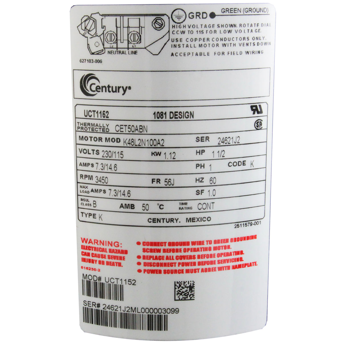 Mtr, Cent, 1.5Hp, 115/230V, 1-Sp, Sf1, 56Jfr : UCT1152
