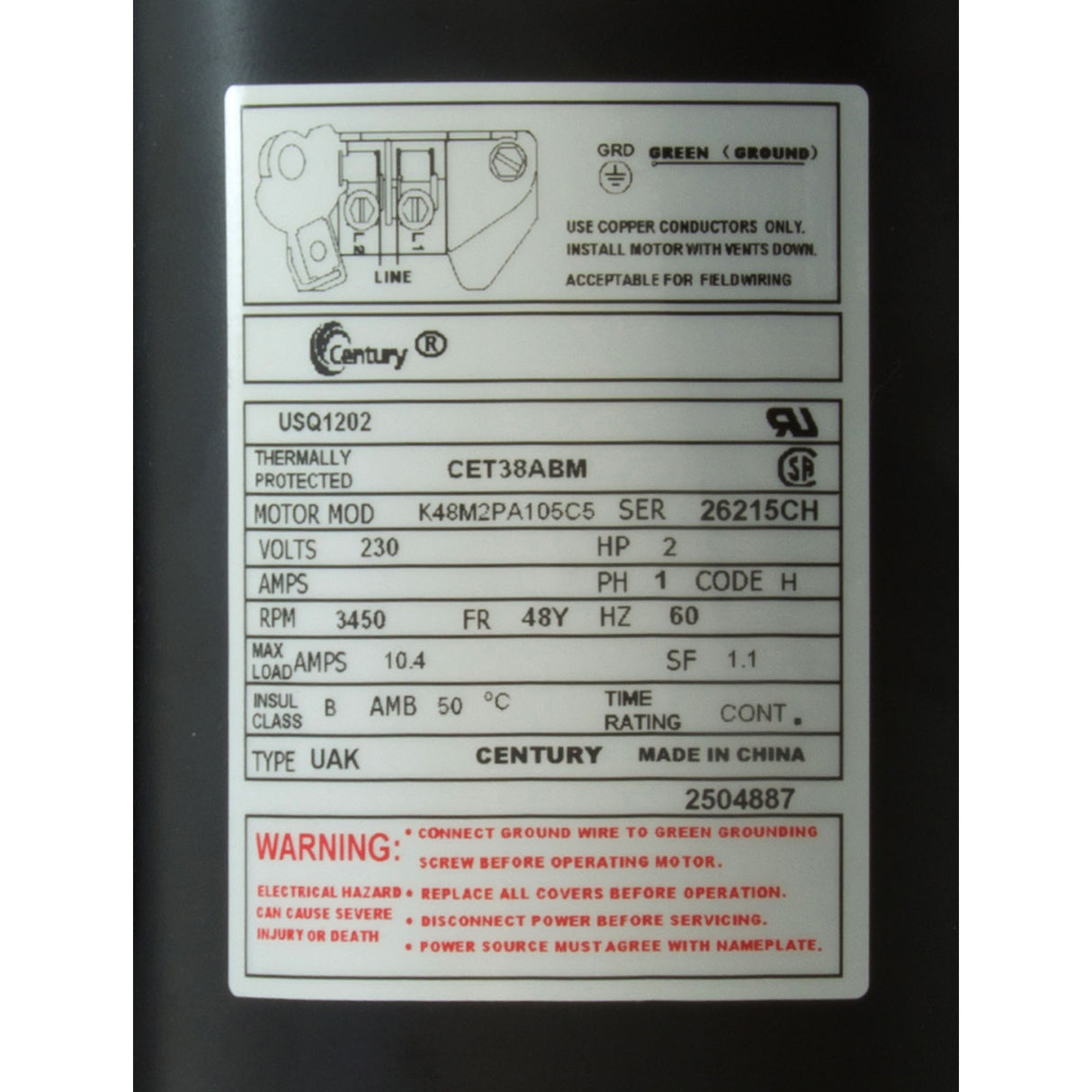 Mtr, Cent, 2Hp, 230V, 1-Sp, Sf1.1, 48Yfr : USQ1202