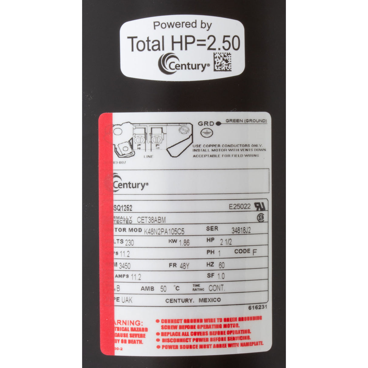 Mtr, Cent, 2.5Hp, 230V, 1-Sp, Sf1, 48Yfr : USQ1252