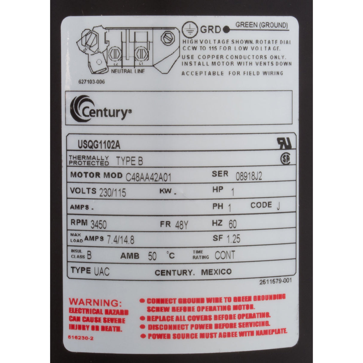 Mtr, Cent, 1Hp, 115/230V, 1-Sp, Sf1.25, 48Yfr : USQG1102A