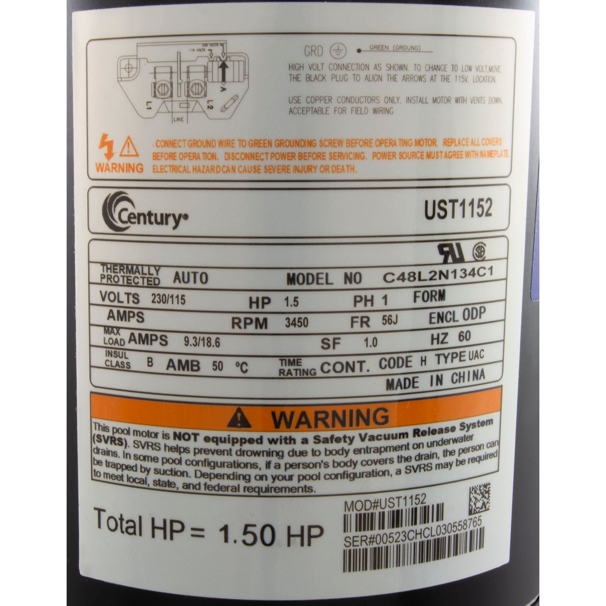 Mtr, Cent, 1.5Hp, 115/230V, 1-Sp, Sf1, 56Jfr : UST1152