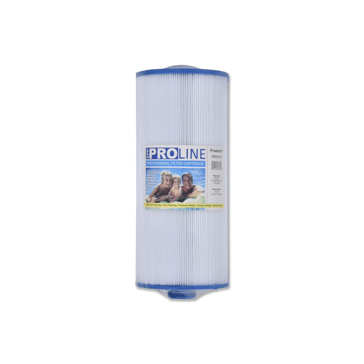 Filter Cartridge, Proline, Diameter: 6", Length: 13-7/16", Top: Semi Circular Handle, Bottom: 1-1/2" MPT, 50 sq ft : P6CH-50